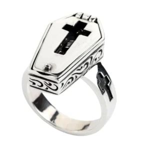 Bague Cercueil Ouvrable avec Croix et Squelette Gothique.