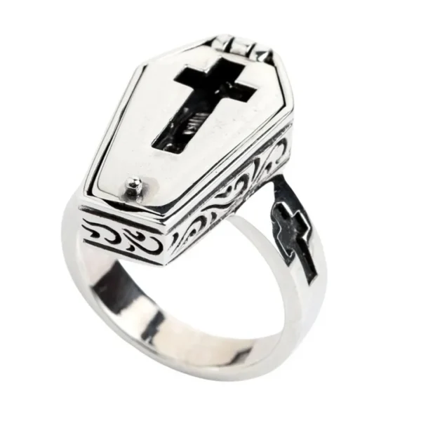 Bague Cercueil Ouvrable avec Croix et Squelette Gothique.
