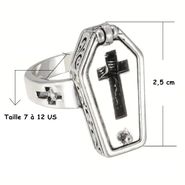 Bague Cercueil Ouvrable avec Croix et Squelette Gothique (dimensions) Bague Cercueil Ouvrable avec Croix et Squelette Gothique (dimensions).