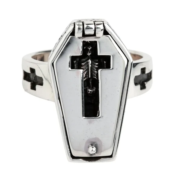 Bague Cercueil Ouvrable avec Croix et Squelette Gothique en Alliage de Zinc Bague Cercueil Ouvrable avec Croix et Squelette Gothique en Alliage de Zinc.