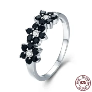 Bague Fleurs Argent 925 Zircon Noir et Blanc Femme.