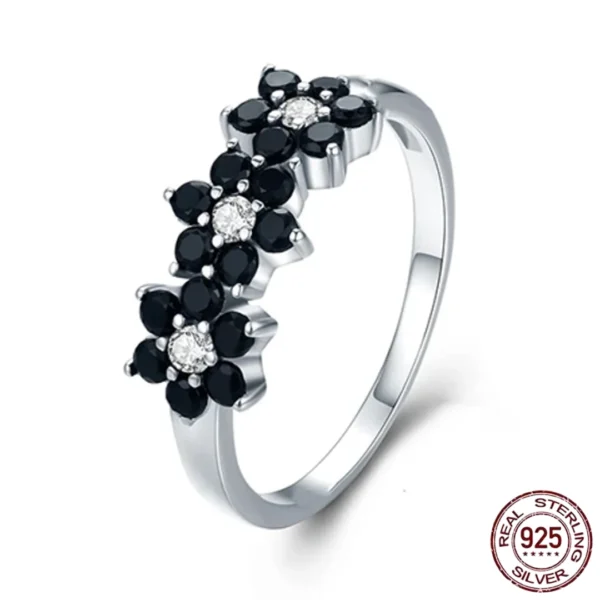 Bague Fleurs Argent 925 Zircon Noir et Blanc Femme.
