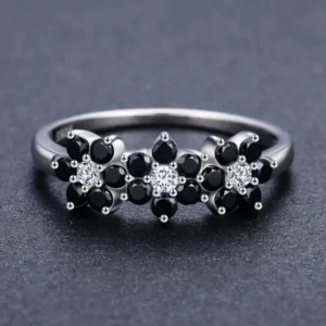 Bague Fleurs Argent 925 Zircon Noir et Blanc pour Femme.