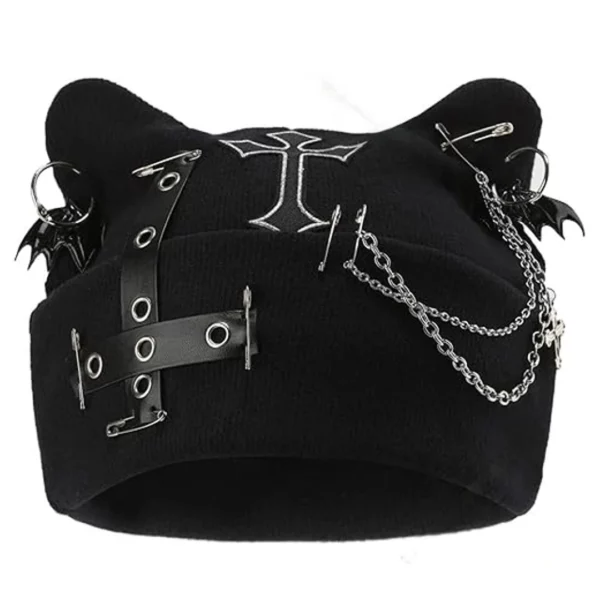 Bonnet Gothique Noir Oreilles de Chat avec Croix Brodée & Accessoires Bonnet Gothique Noir Oreilles de Chat avec Croix Brodée & Accessoires.