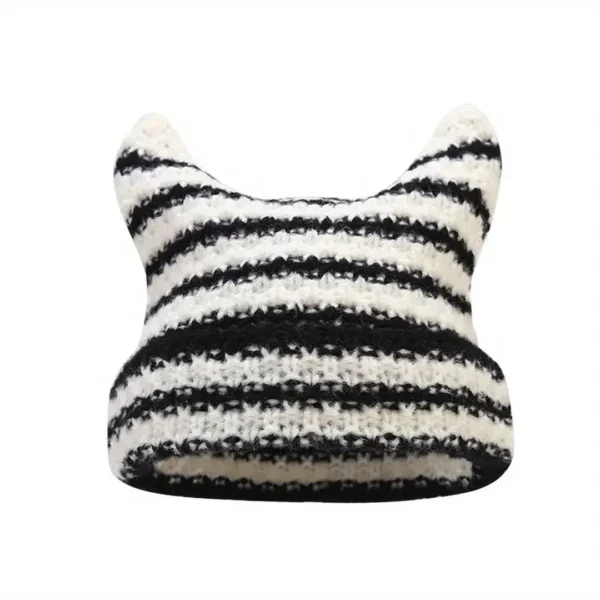 Bonnet Tricoté Rayé Noir et Blanc avec Oreilles de Chat pour Femme Bonnet Tricoté Rayé Noir et Blanc avec Oreilles de Chat pour Femme.