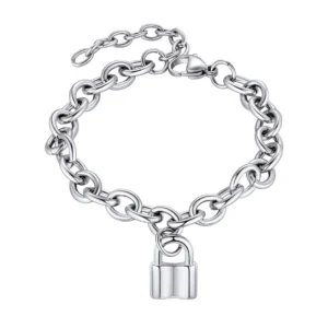 Bracelet Chaîne Rolo Acier Inoxydable & Pendentif Cadenas.