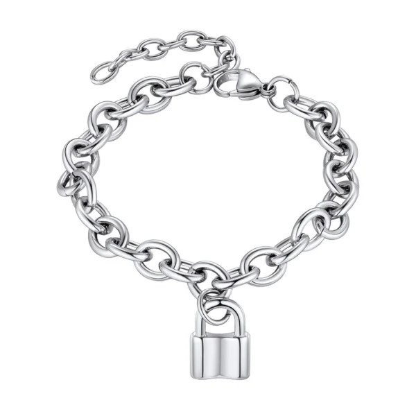 Bracelet Chaîne Rolo Acier Inoxydable & Pendentif Cadenas.