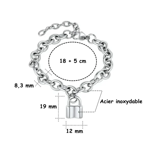Bracelet Chaîne Rolo Acier Inoxydable & Pendentif Cadenas (dimensions) Bracelet Chaîne Rolo Acier Inoxydable & Pendentif Cadenas (dimensions).