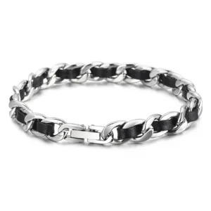 Bracelet Homme Chaîne Cubaine & Lanière Cuir Traversante.