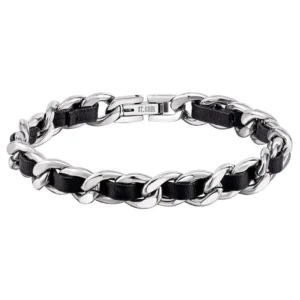 Bracelet Homme Chaîne Cubaine en Acier Inoxydable & Lanière Cuir Véritable Traversante.