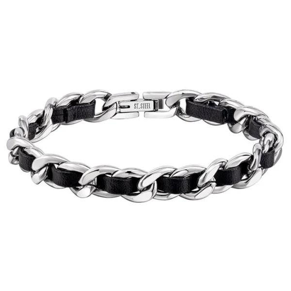 Bracelet Homme Chaîne Cubaine en Acier Inoxydable & Lanière Cuir Véritable Traversante Bracelet Homme Chaîne Cubaine en Acier Inoxydable & Lanière Cuir Véritable Traversante.
