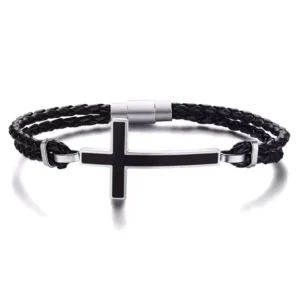 Bracelet Homme Cuir Tressé & Croix Acier Noir Onyx.