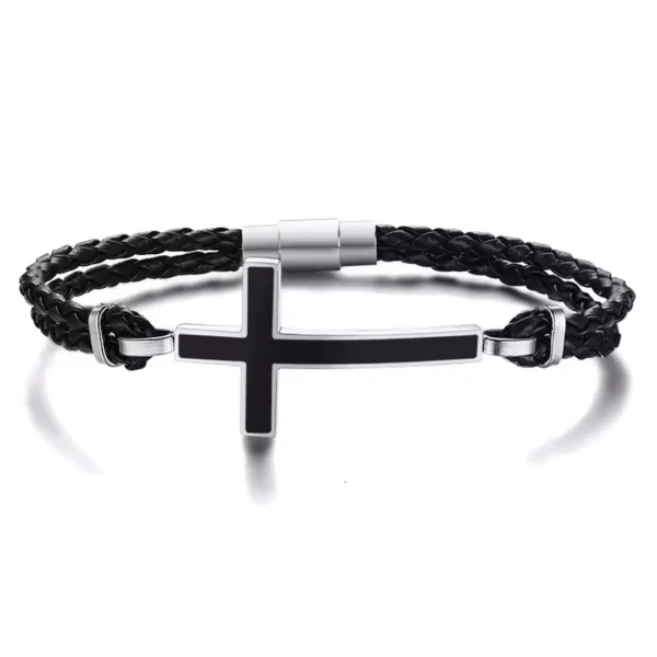 Bracelet Homme Cuir Tressé & Croix Acier Noir Onyx.