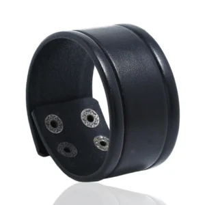 Bracelet Large en Similicuir Noir à Rainures Latérales.