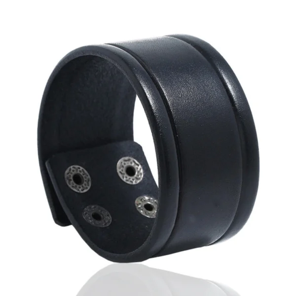 Bracelet Large en Similicuir Noir à Rainures Latérales.
