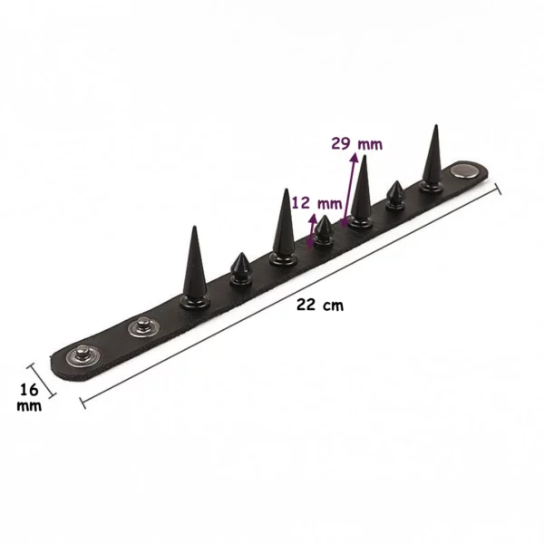 Bracelet Punk Clouté en Cuir Synthétique - Pointes Noires Asymétriques (dimensions) Bracelet Punk Clouté en Cuir Synthétique - Pointes Noires Asymétriques (dimensions).