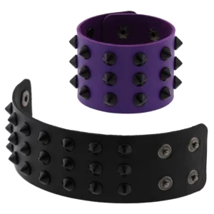 Bracelet Punk à Clous Coniques - Similicuir Noir ou Violet.