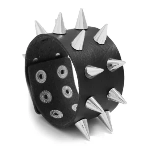 Bracelet Similicuir Noir à Deux Rangées de Pointes Métal.