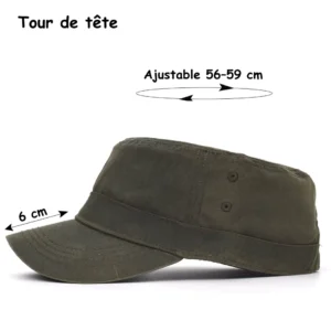 Casquette Militaire Coton Ciré Vintage Ajustable (dimensions).