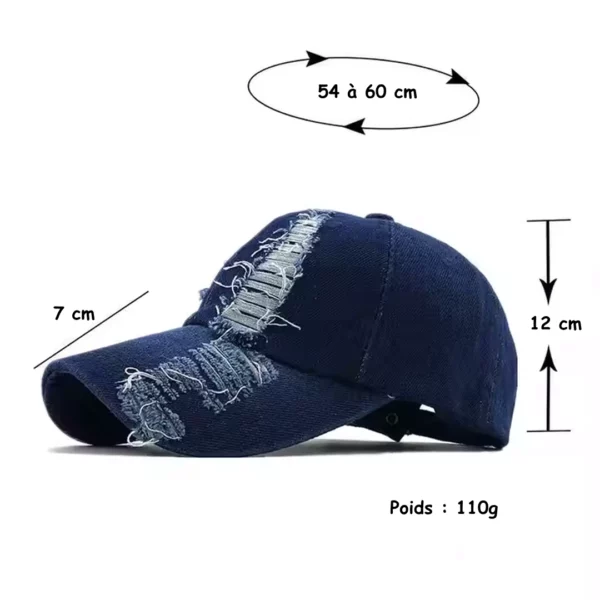 Casquette de Baseball en Denim Déchiré pour Homme & Femme (dimensions).