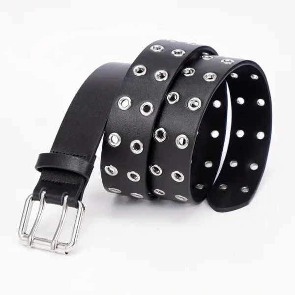 Ceinture Femme Cuir Noir Double Ligne d’Œillets Métalliques Ceinture Femme Cuir Noir Double Ligne d’Œillets Métalliques.