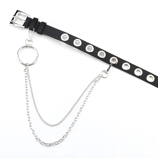 Ceinture Œillets Cuir Noir avec Double Chaîne Pendante Femme Homme Ceinture Œillets Cuir Noir avec Double Chaîne Pendante Femme Homme.