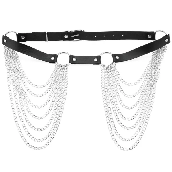 Ceinture de Taille en Cuir Synthétique avec Cascade de Chaînes Métalliques Ceinture de Taille en Cuir Synthétique avec Cascade de Chaînes Métalliques.