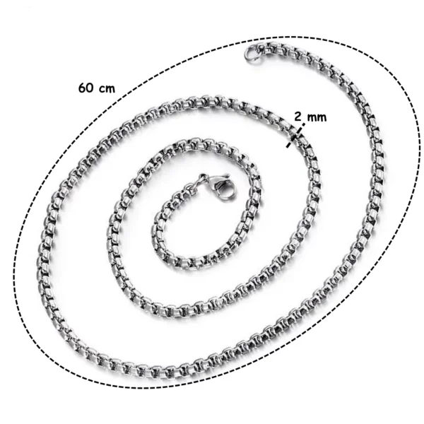 Chaîne Vénitienne 60 cm en Acier Inoxydable à Maillons 2 mm (dimensions) Chaîne Vénitienne 60 cm en Acier Inoxydable à Maillons 2 mm (dimensions).