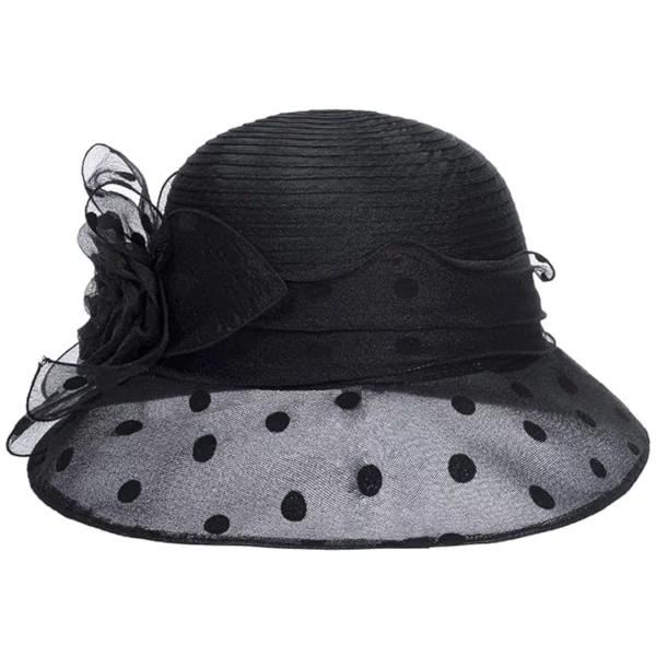 Chapeau Cloche Femme Bord Large en Tissu Organza à Pois avec Fleur Chapeau Cloche Femme Bord Large en Tissu Organza à Pois avec Fleur.