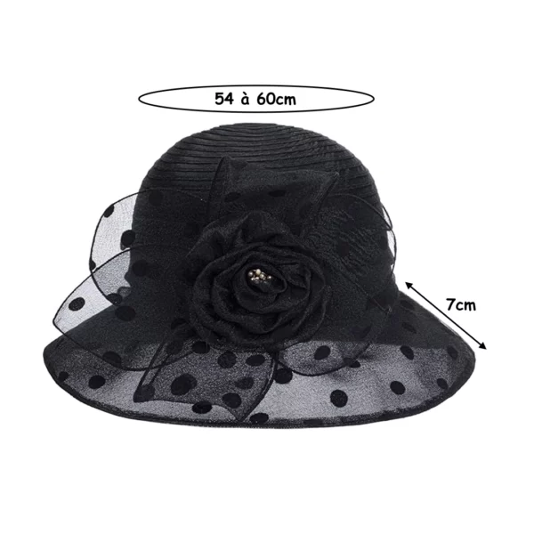 Chapeau Cloche Femme Noir en Organza à Pois avec Fleur (dimensions) Chapeau Cloche Femme Noir en Organza à Pois avec Fleur (dimensions).