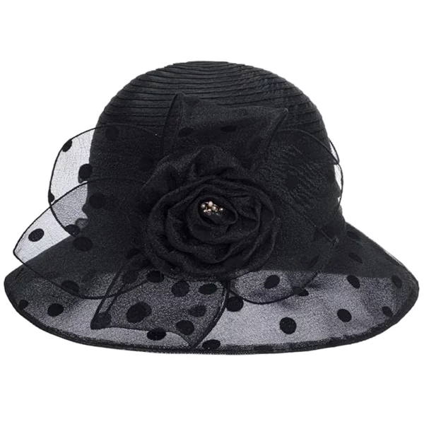 Chapeau Cloche Noir pour Femme Large Bord en Organza à Pois avec Fleur Chapeau Cloche Noir pour Femme Large Bord en Organza à Pois avec Fleur.