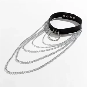 Choker Cuir Noir Punk avec Anneau et Chaînes Dégradées.