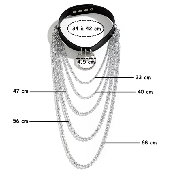 Choker Cuir Noir Punk avec Anneau et Chaînes en Cascade (dimensions) Choker Cuir Noir Punk avec Anneau et Chaînes en Cascade (dimensions).