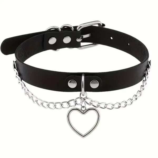Choker Cuir Noir avec Cœur Métallique et Chaînes.