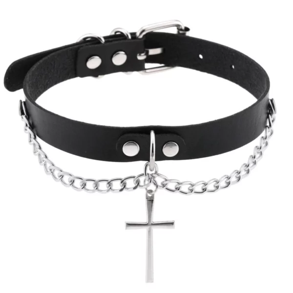 Choker Gothique Cuir Noir avec Croix Pendante & Chaînes.