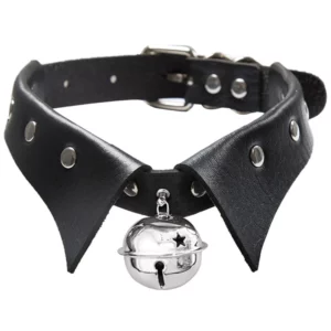 Choker en Cuir Noir à Col Roulé avec Clochette Métallique.
