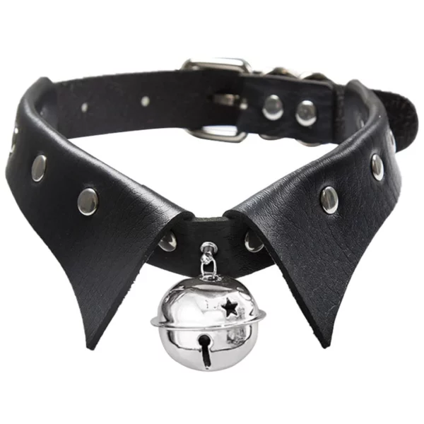 Choker en Cuir Noir à Col Roulé avec Clochette Métallique.