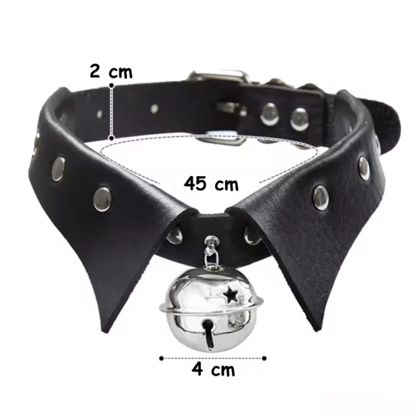 Choker en Cuir Noir à Col Roulé avec Clochette en Métal (dimensions).
