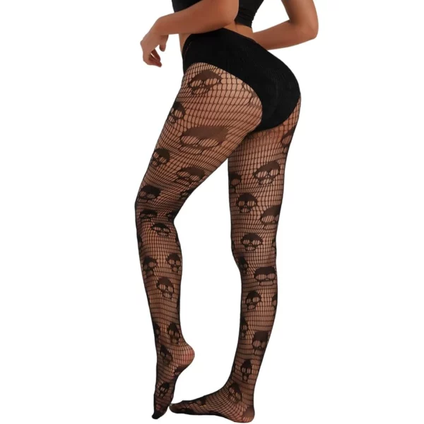 Collant Résille Noir à Motif Tête de Mort (vue de profil) Collant Résille Noir à Motif Tête de Mort (vue de profil).