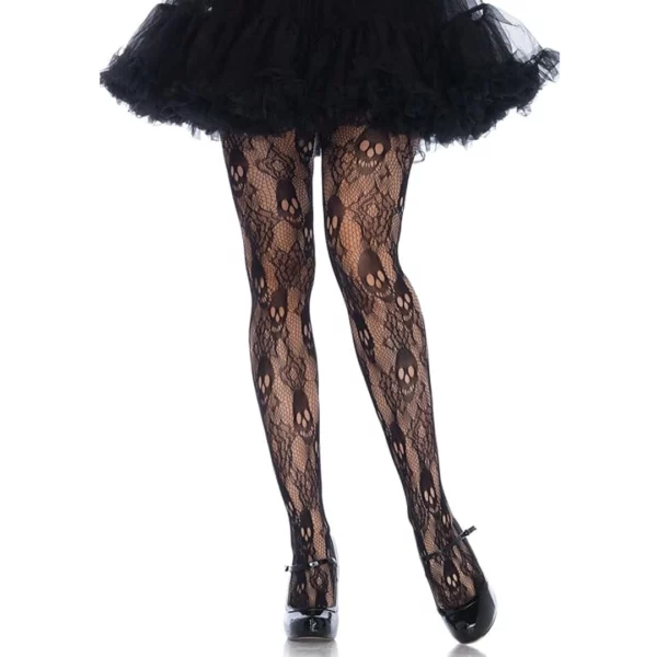 Collants Résille Roses Noires et Crânes Femme Punk Goth.