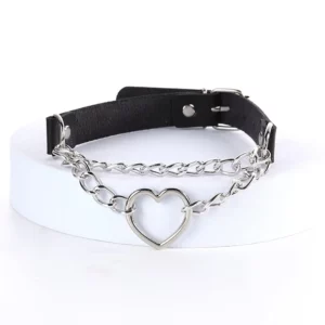 Collier Choker Cuir Noir Cœur & Chaînes Style Gothique Punk.