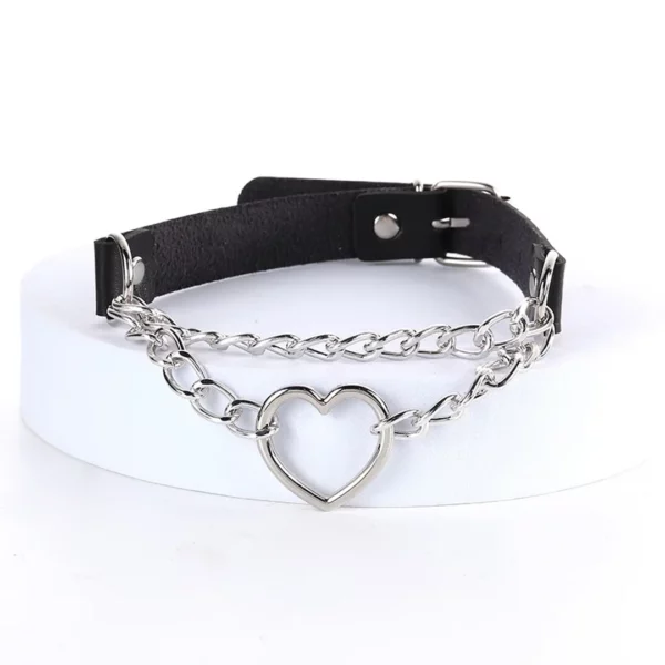 Collier Choker Cuir Noir Cœur & Chaînes Style Gothique Punk.