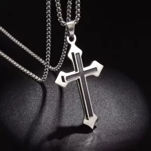 Collier Croix Relief Noir Homme Femme avec Chaîne Cubique.