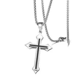 Collier Croix Relief Noir en Acier Inoxydable avec Chaîne Cubique 60 cm.