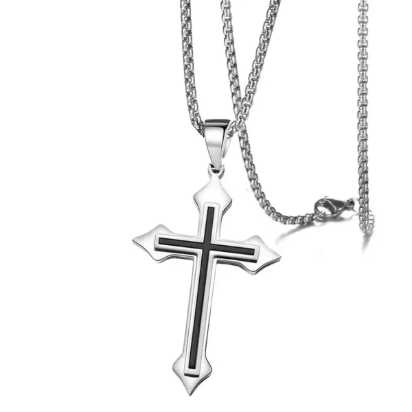 Collier Croix Relief Noir en Acier Inoxydable avec Chaîne Cubique 60 cm.