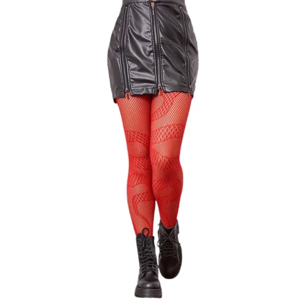 Femme Punk en Collants Résille Motif Serpent - Couleur Rouge Femme Punk en Collants Résille Motif Serpent - Couleur Rouge.