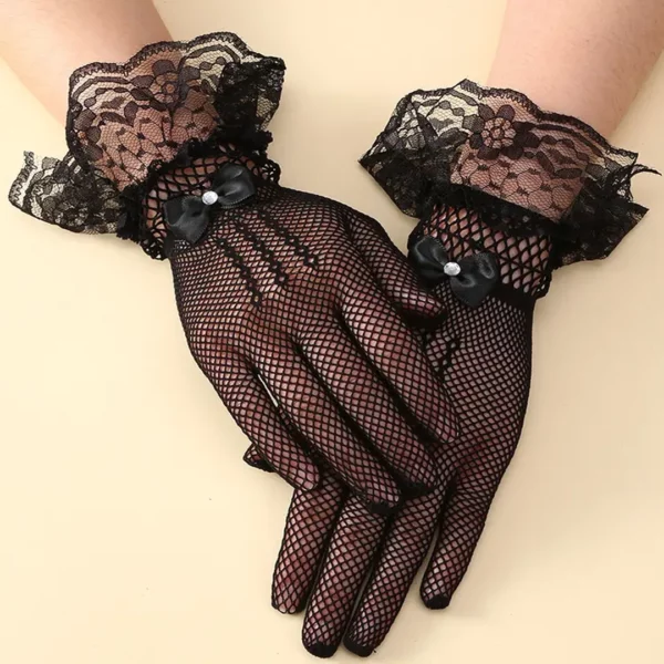 Gants Femme en Dentelle Noire avec Nœud Papillon et Strass.