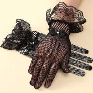 Gants Femme en Dentelle Noire avec Nœud Papillon et Strass (avec et sans main).