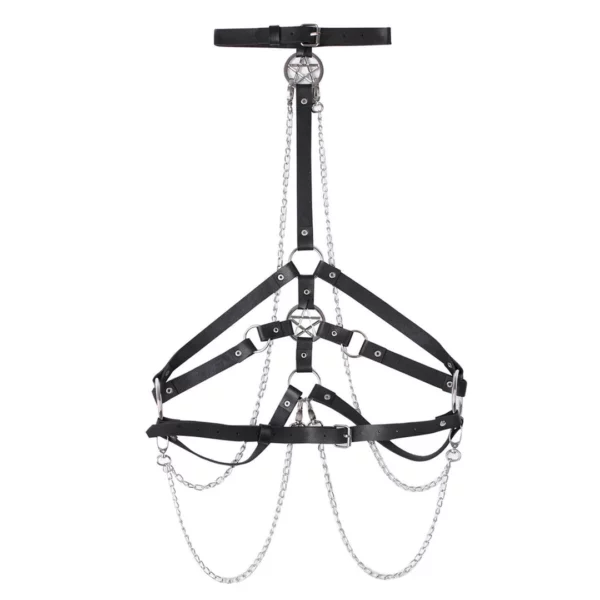 Harnais Sangles Cuir PU avec Chaînes et Pentacles Métalliques Harnais Sangles Cuir PU avec Chaînes et Pentacles Métalliques.