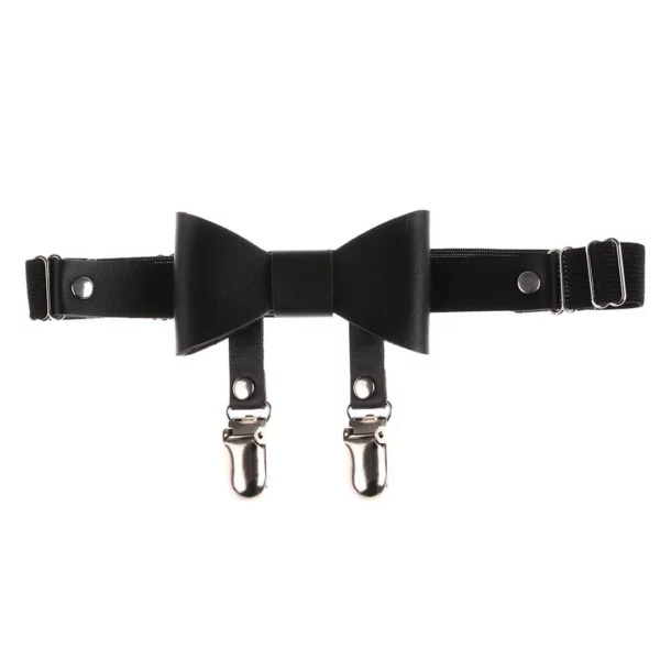 Jarretière Cuir Noir Nœud Papillon & Clips Bas.